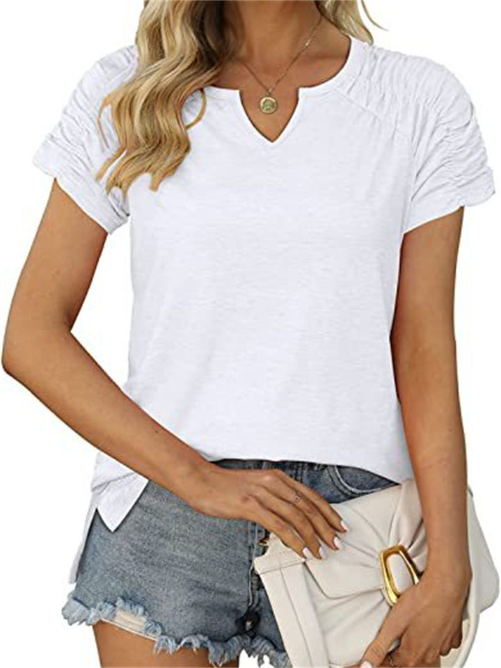 Solid Color Women's Summer New V-neck Pleated Shoulder Sleeve T-shirt Loose Type Comfortable Casual Short-sleeved Tops Female