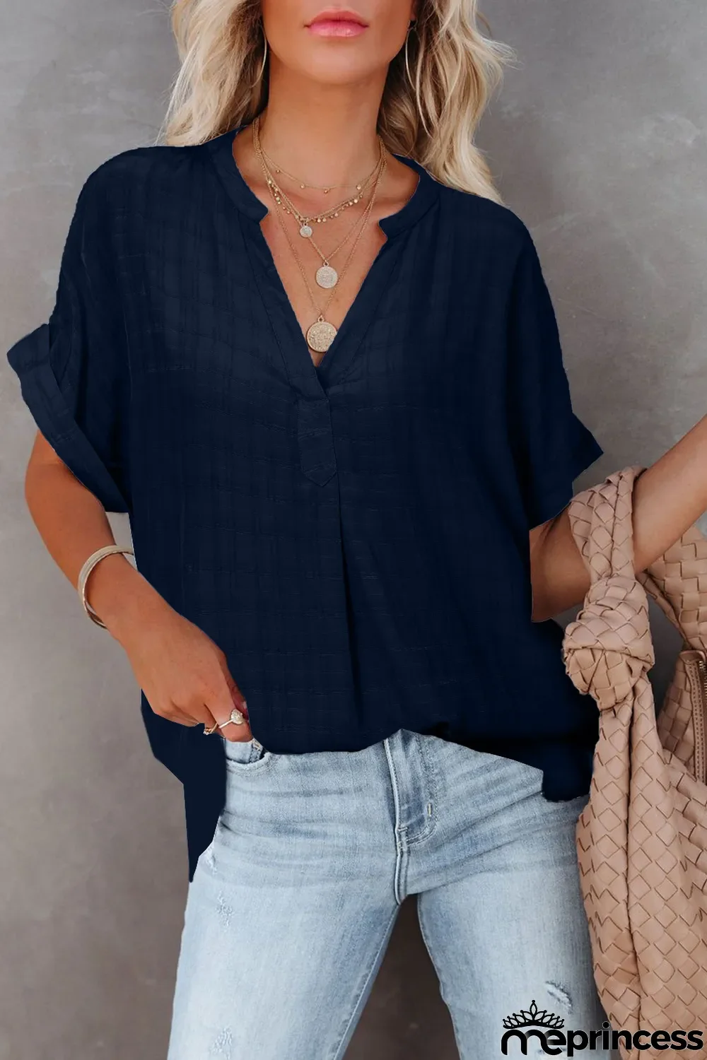 Navy Plaid Print Loose V Neck Short Sleeve Shirt with Slits