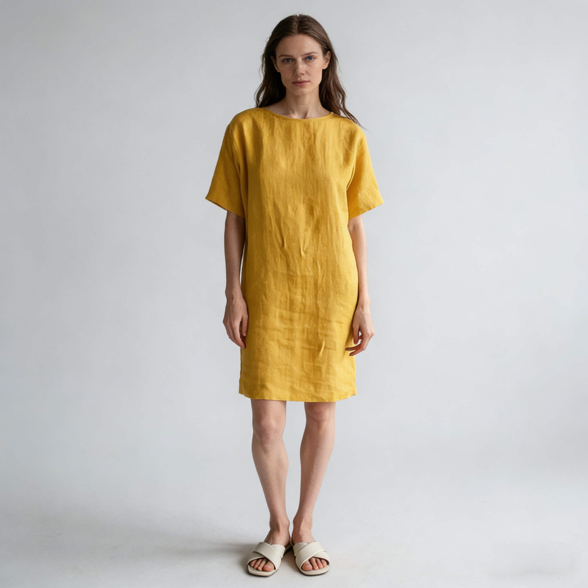 Linen Shift Dress Women 100% Linen Short Sleeve Midi Dress Breathable REAL SILK LIFE