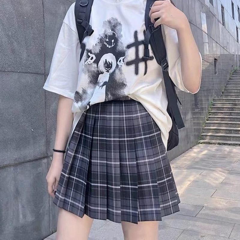 HOUZHOU Kawaii Plaid Skirt Women Harajuku Cute Black High-Waisted ...