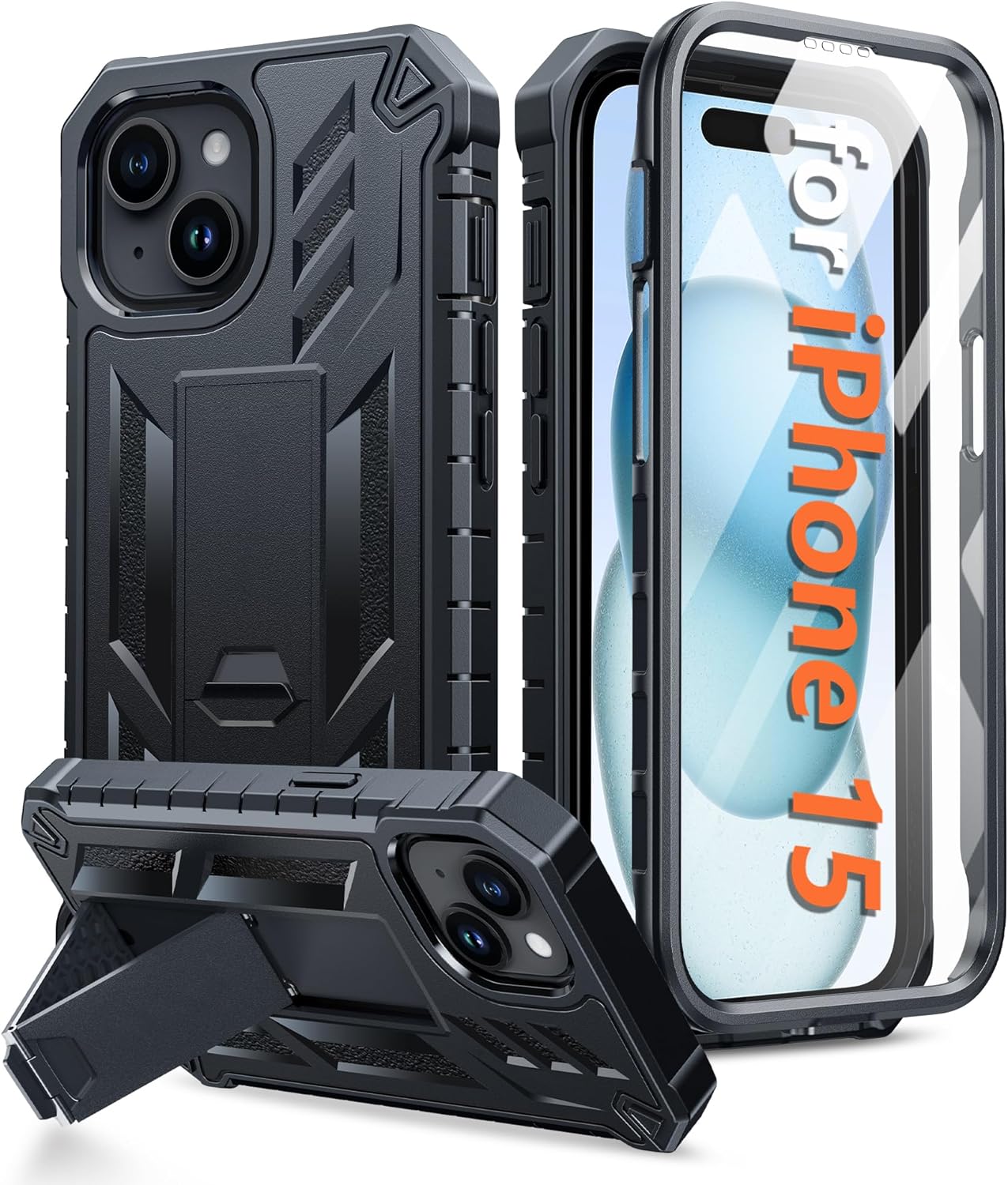 ProCaseMall iPhone 15 Phone Case Military Grade Shockproof Full Protection Hard Phonecase with Kickstand Black