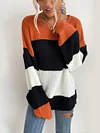 Round-Neck Long Sleeve Loose Contrast Color Stripe Sweater
