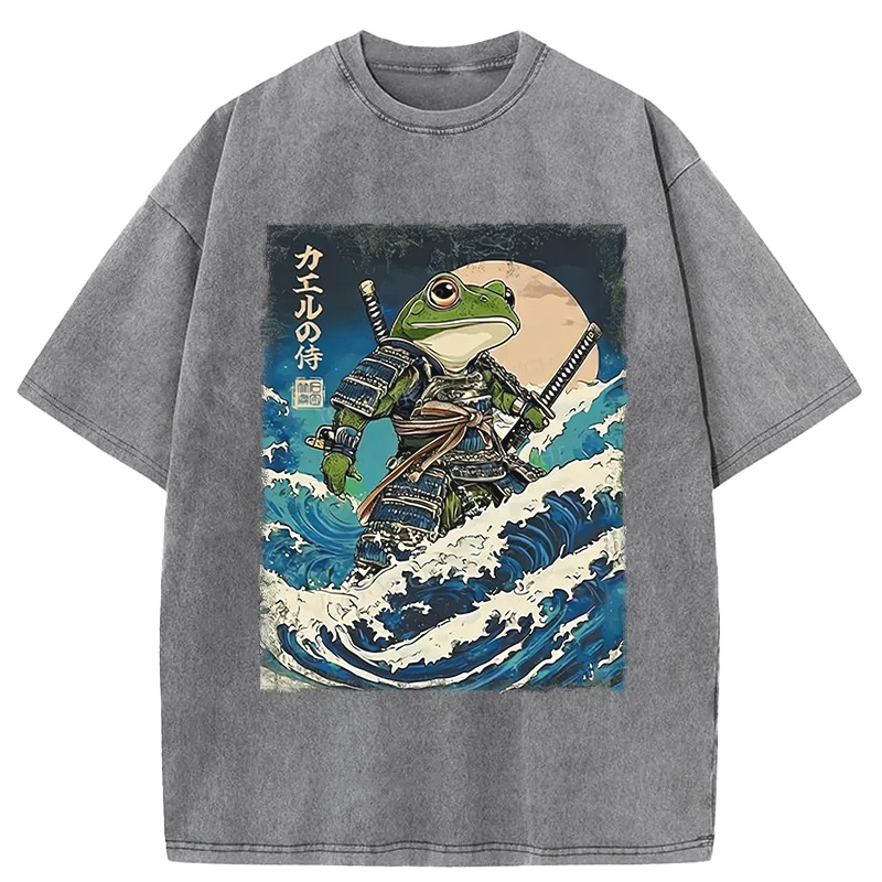 Frog Samurai In The Great Wave Washed T-shirt artswardrobe