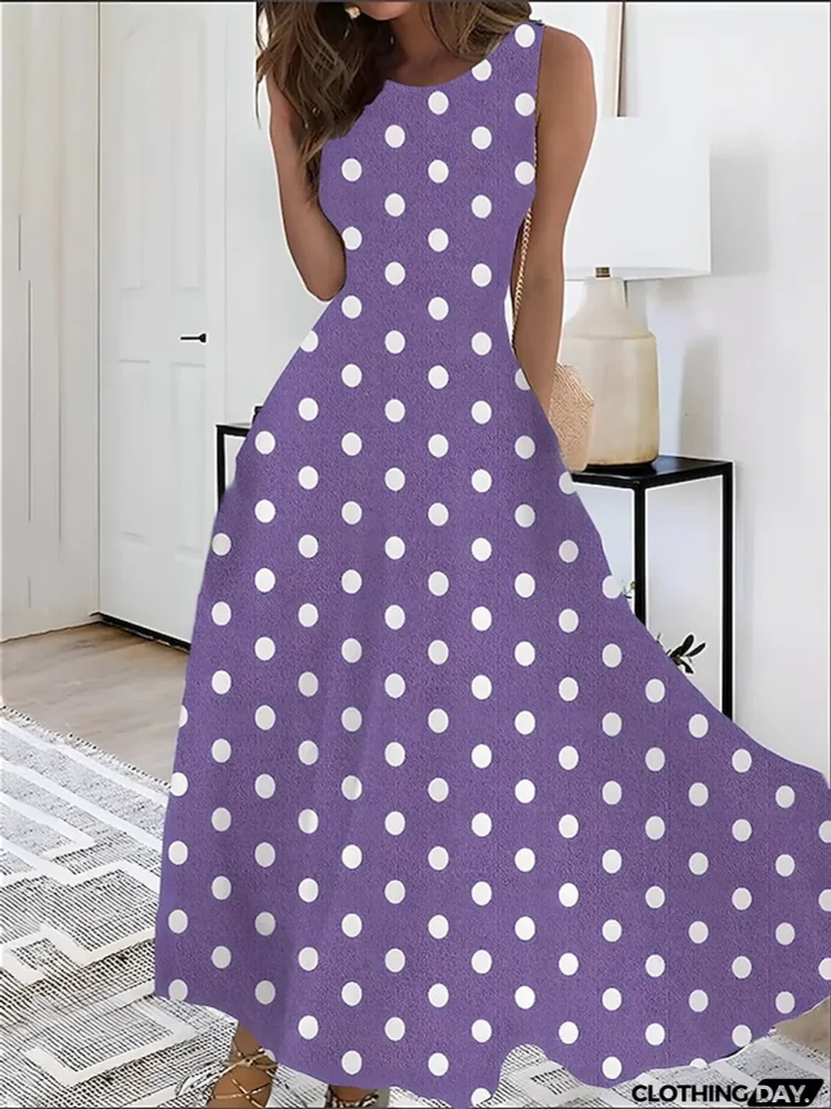 Women's Retro 1950s Vintage Dress Long Dress Maxi Dress Daily Holiday Print Polka Dot Crew Neck Sleeveless Regular Fit Summer Spring Blue Dark Green S M L XL