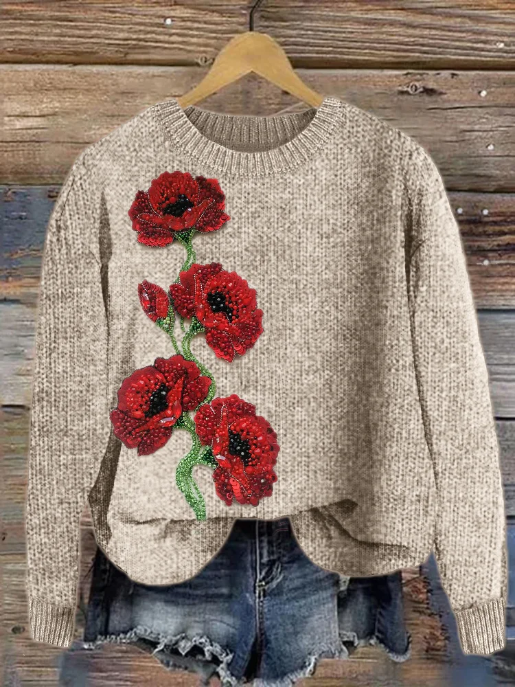 VChics Poppy Flowers Jewelry Art Cozy Knit Sweater