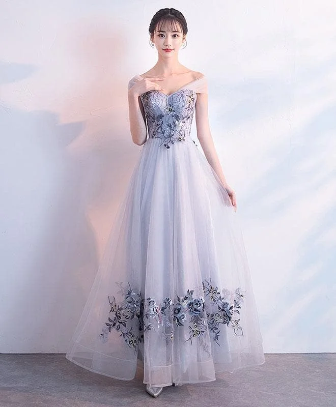 Gray Tulle Lace Applique Long Prom Dress, Gray Evening Dress