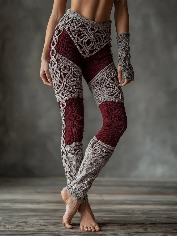 Vintage Viking Celtic Knot Art Knit Jacquard Cozy Leggings