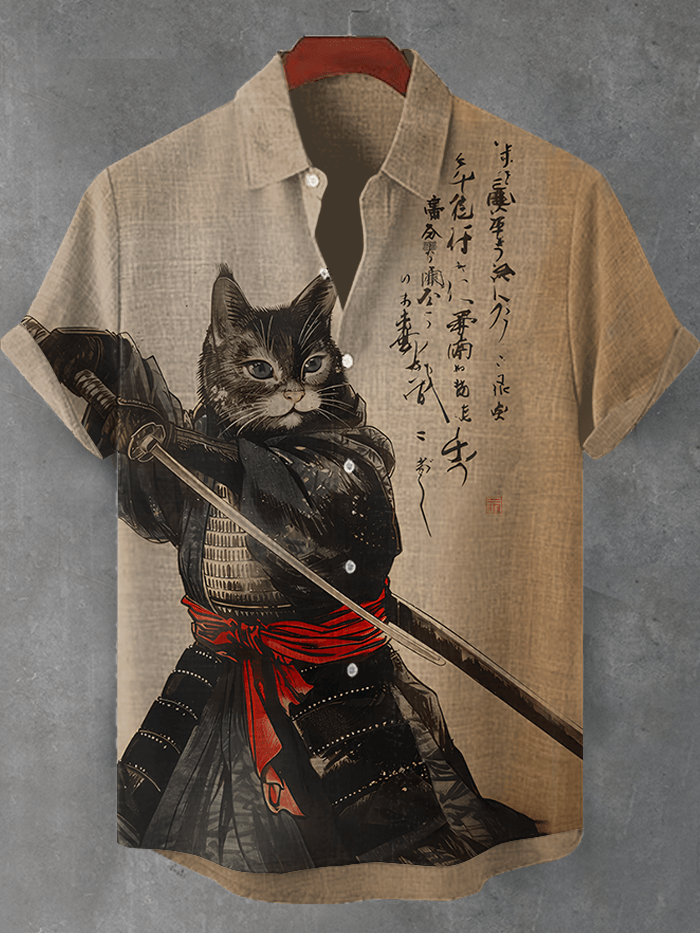 Men's Retro Japanese Cat Samurai Art Print Short Sleeve Shirt