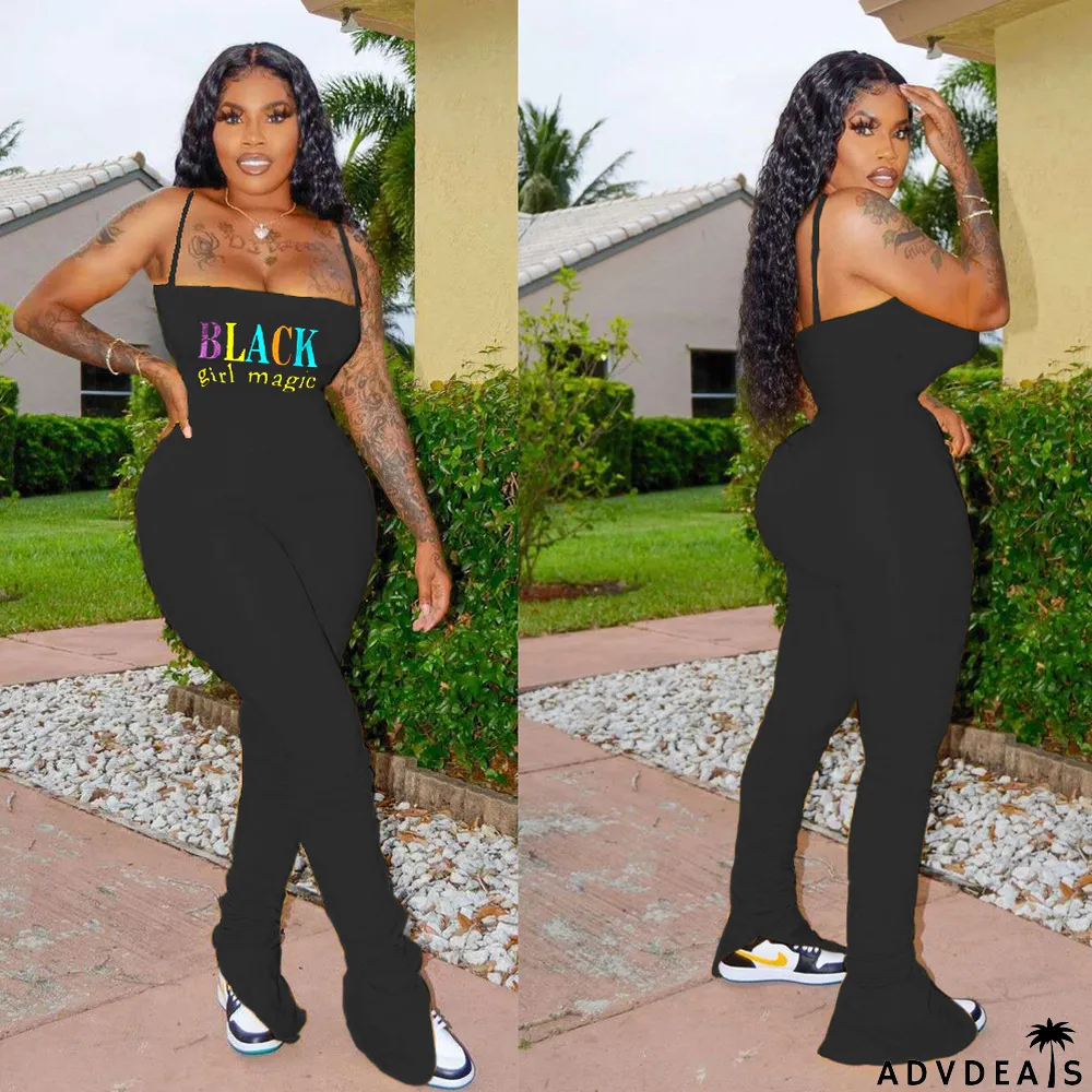 Plus Size Letter Print Spaghetti Strap Stacked Jumpsuits