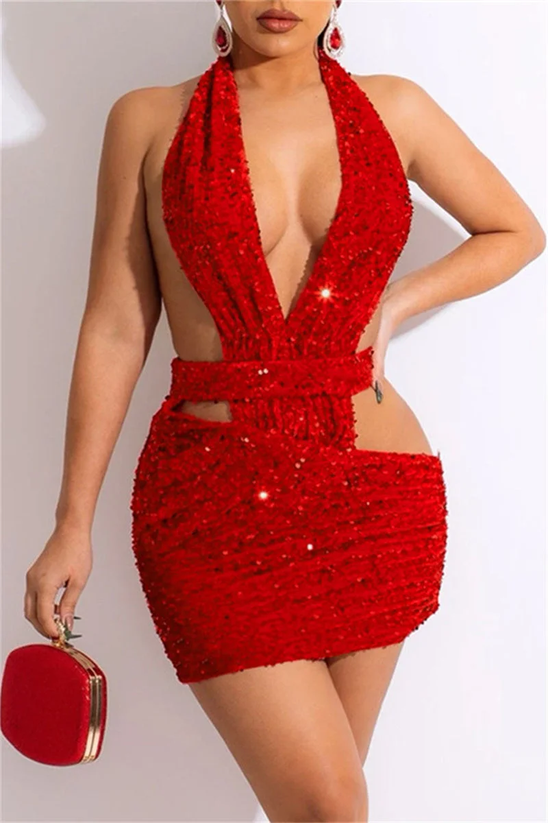 Fashion Sexy Patchwork Hollowed Out Sequins Backless Halter Sleeveless Dress