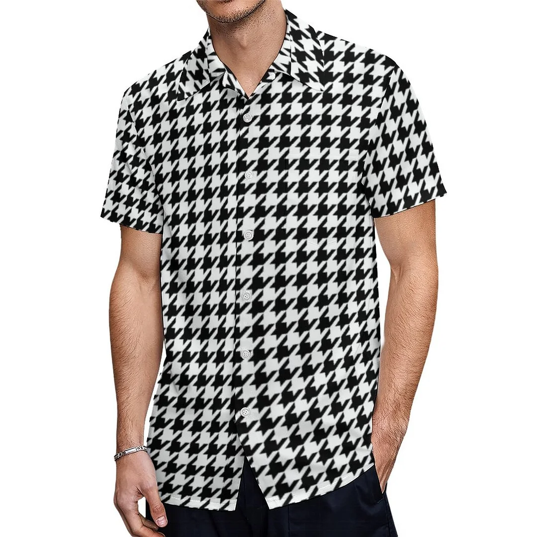 Black And White Houndstooth Pattern Hawaiian Shirt Mens Button Down Plus Size Tropical Hawaii Beach Shirts