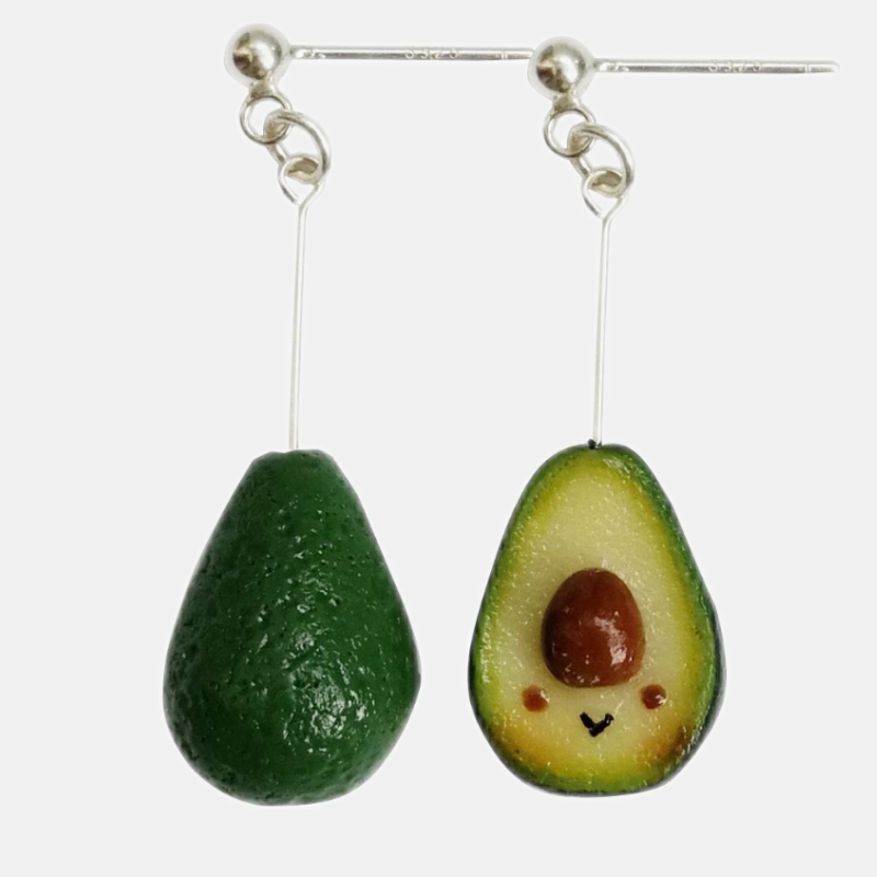 Hand-Made Soft Clay Asymmetric Cute Avocado 925 Silver Earrings Emulational Fruit