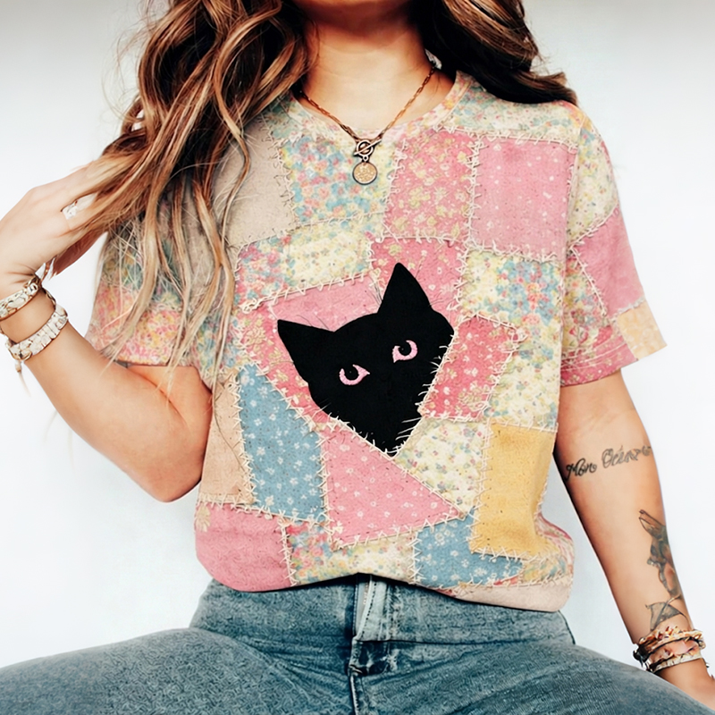 Abstract Creative Vintage Cute Cat In Floral Patchwork Graphic Casual T-shirt elevenforest