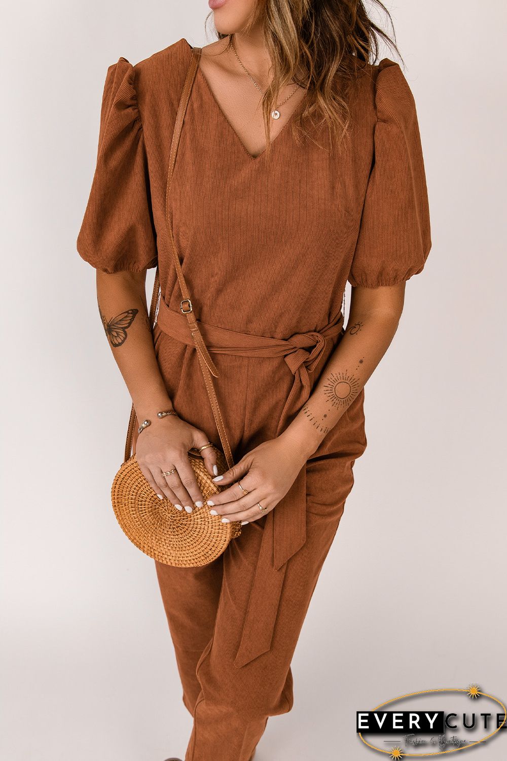 Brown Tie Knot Puff Sleeve Straight Leg High Rise Jumpsuit