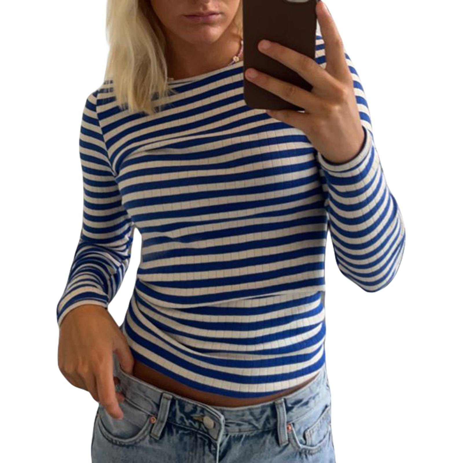 Autumn Ribbed Knitted T-Shirts Women Striped Print Contrast Color Slim Fit Long Sleeve Round Neck Casual Tops | Shinesparkplay