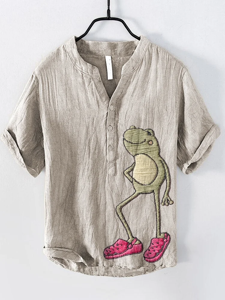 Funny Frog Embroidery Pattern Casual Cozy Linen Shirt