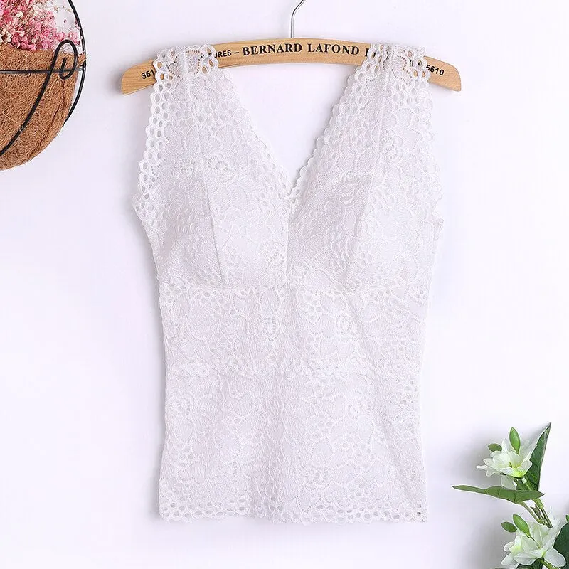 Sexy Tank Top Lace Wireless Paded Lingerie Vest Sexy V-Neck Crop Top Back Hollow Lace Trim Tee Camisole Feminino Cami