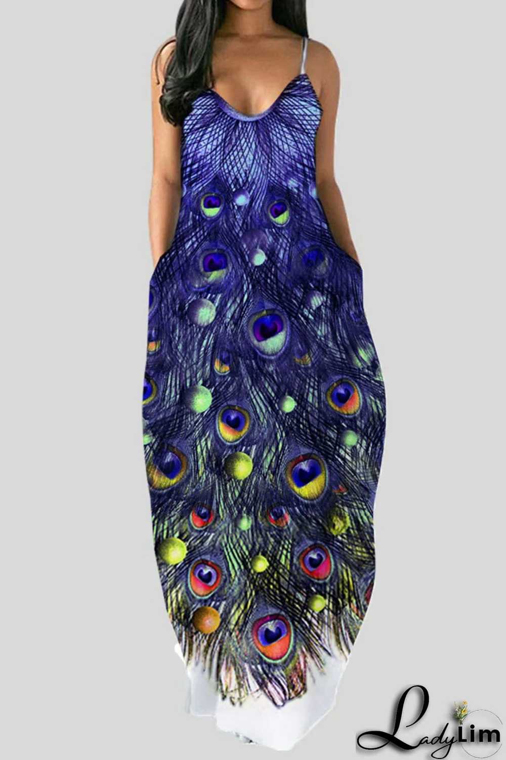 Deep Blue Sexy Print Patchwork Spaghetti Strap Sling Dress Dresses