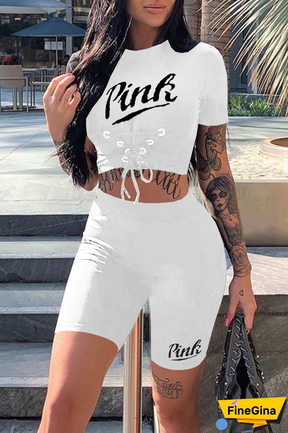 Black Casual Sportswear Print Bandage Patchwork O Neck Short Sleeve Two Pieces