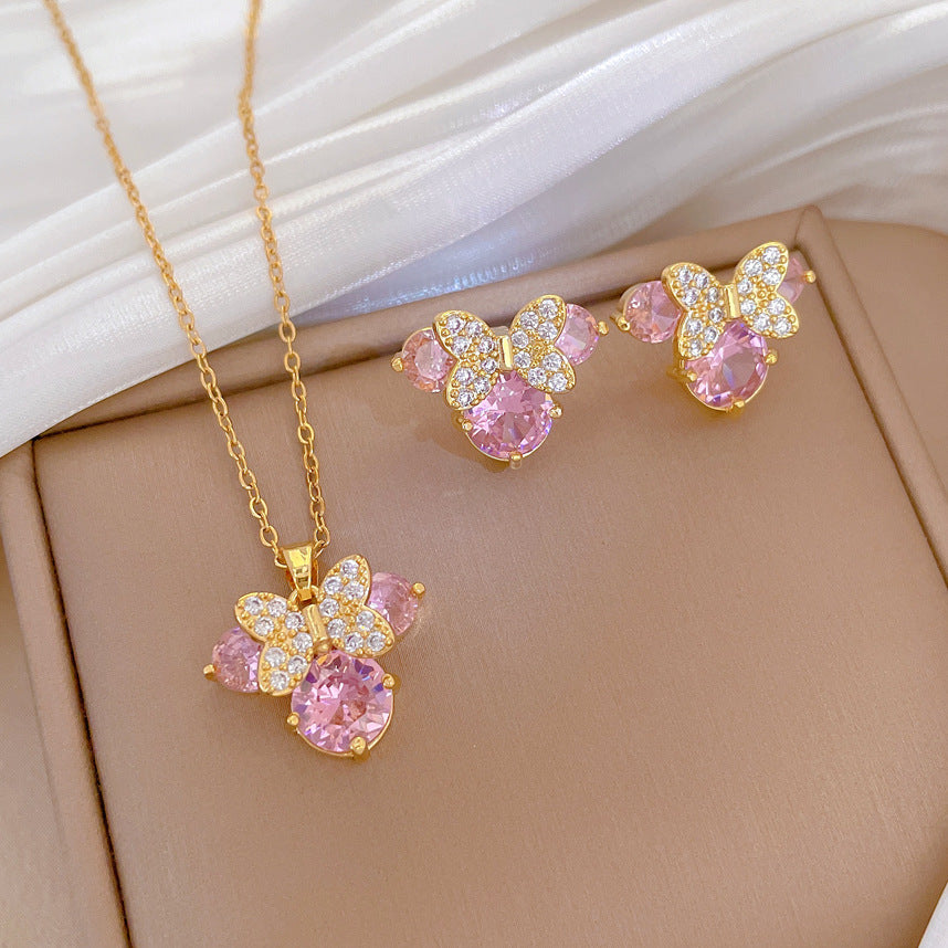 Necklace Earring Set Full Diamond Cat Bow Personalized Party Earrings And Pendant Set