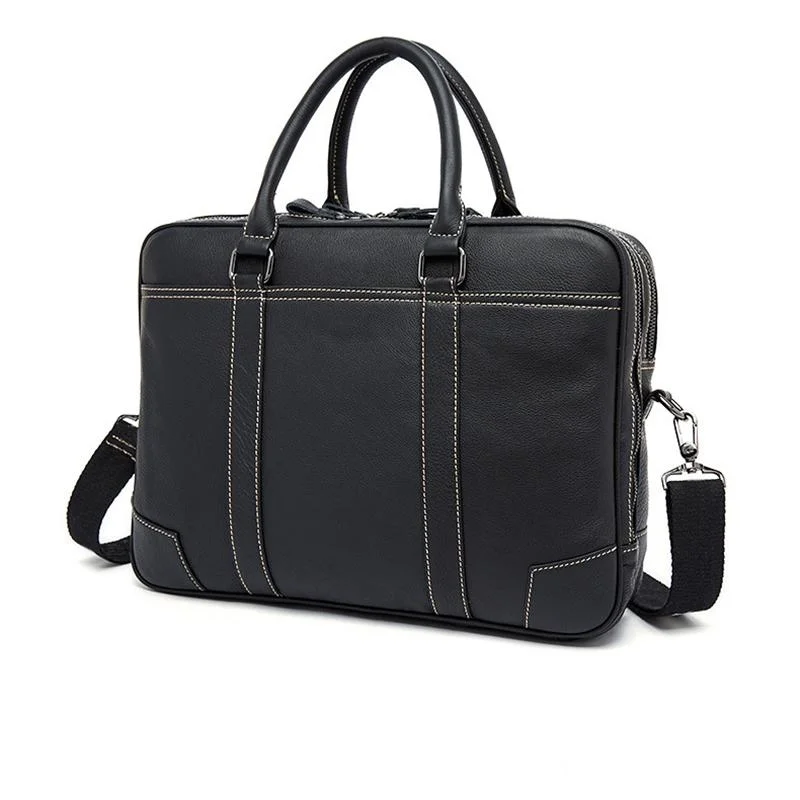 Fine Stitching Dual Top Handle Detachable Sling Strap Zip Top Genuine Leather Briefcase