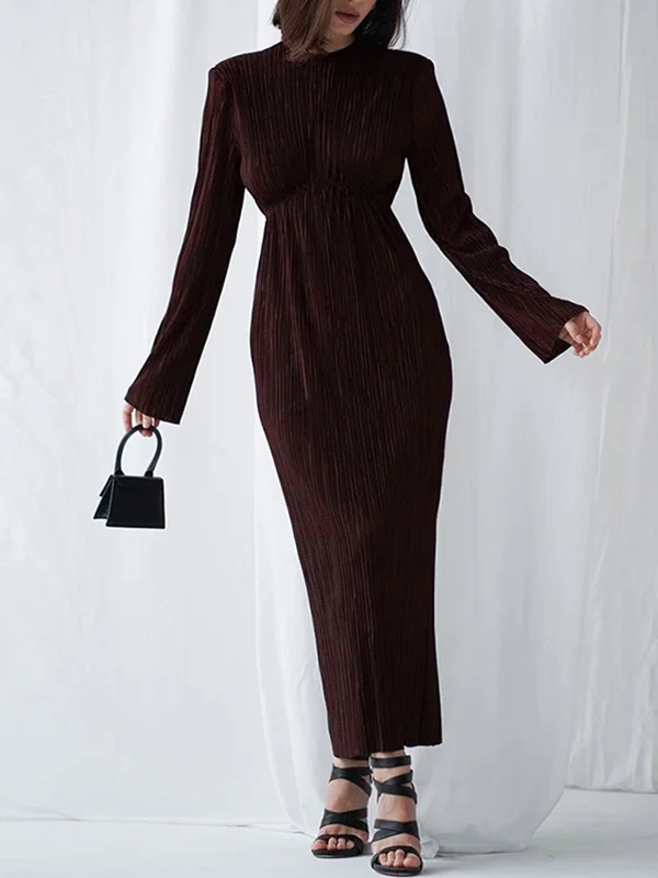 Solid Color Pleated Hollow Backless Loose Long Sleeves Round-Neck Midi Dresses