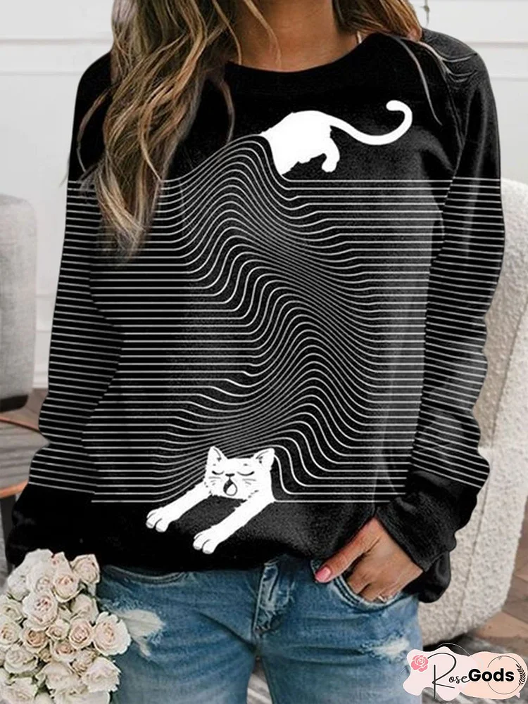 Casual Autumn Cat Polyester Daily Loose Regular H-Line Regular Size Sweatshirts For Women