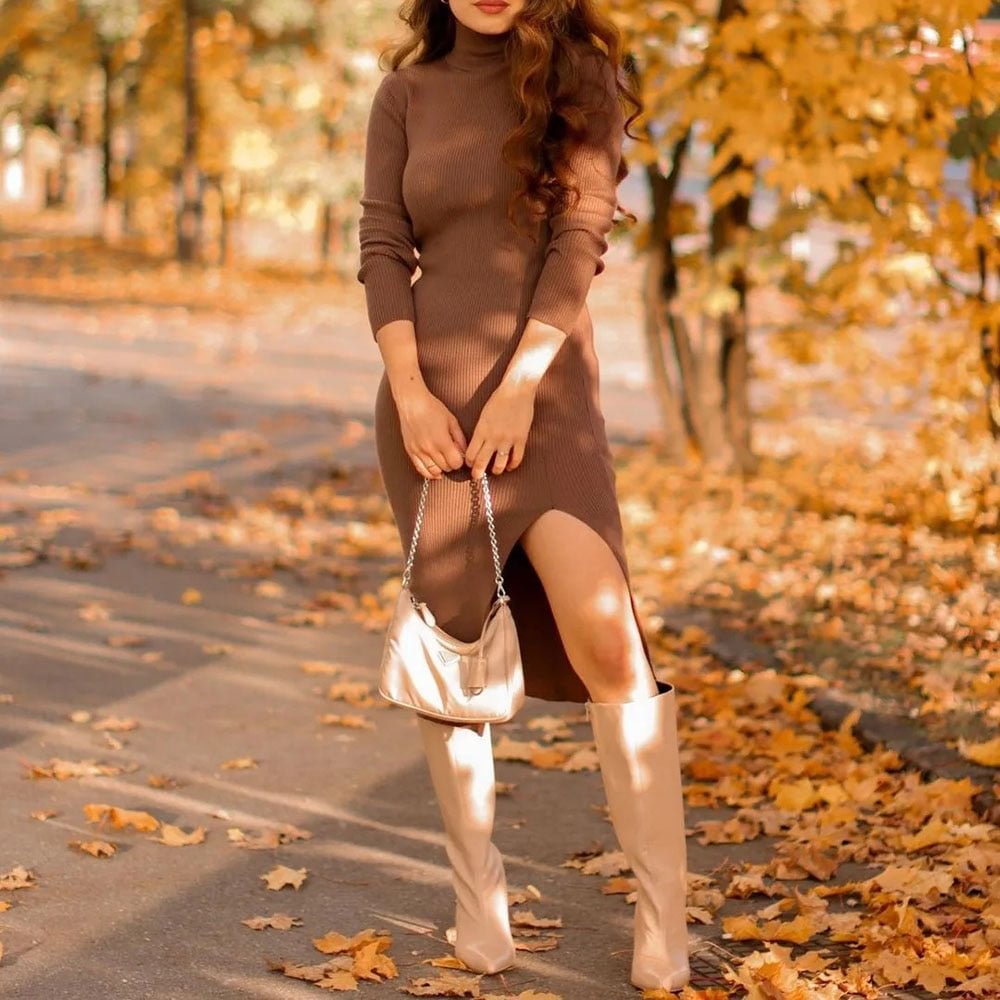 Back to school  2022 Autumn Women Vintage Sexy Solid Knitted Sheath Dress Female Party Casual Slim Half High Collar Split Midi Dresses