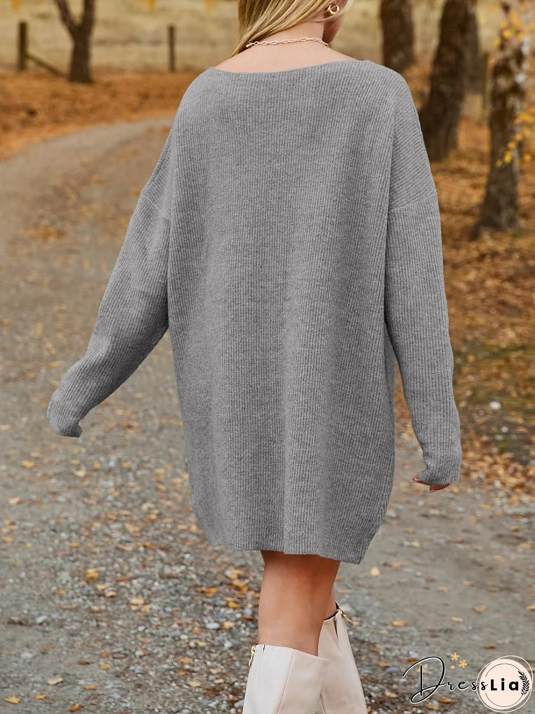 V-Neck Dropped Shoulder Sweater Dress