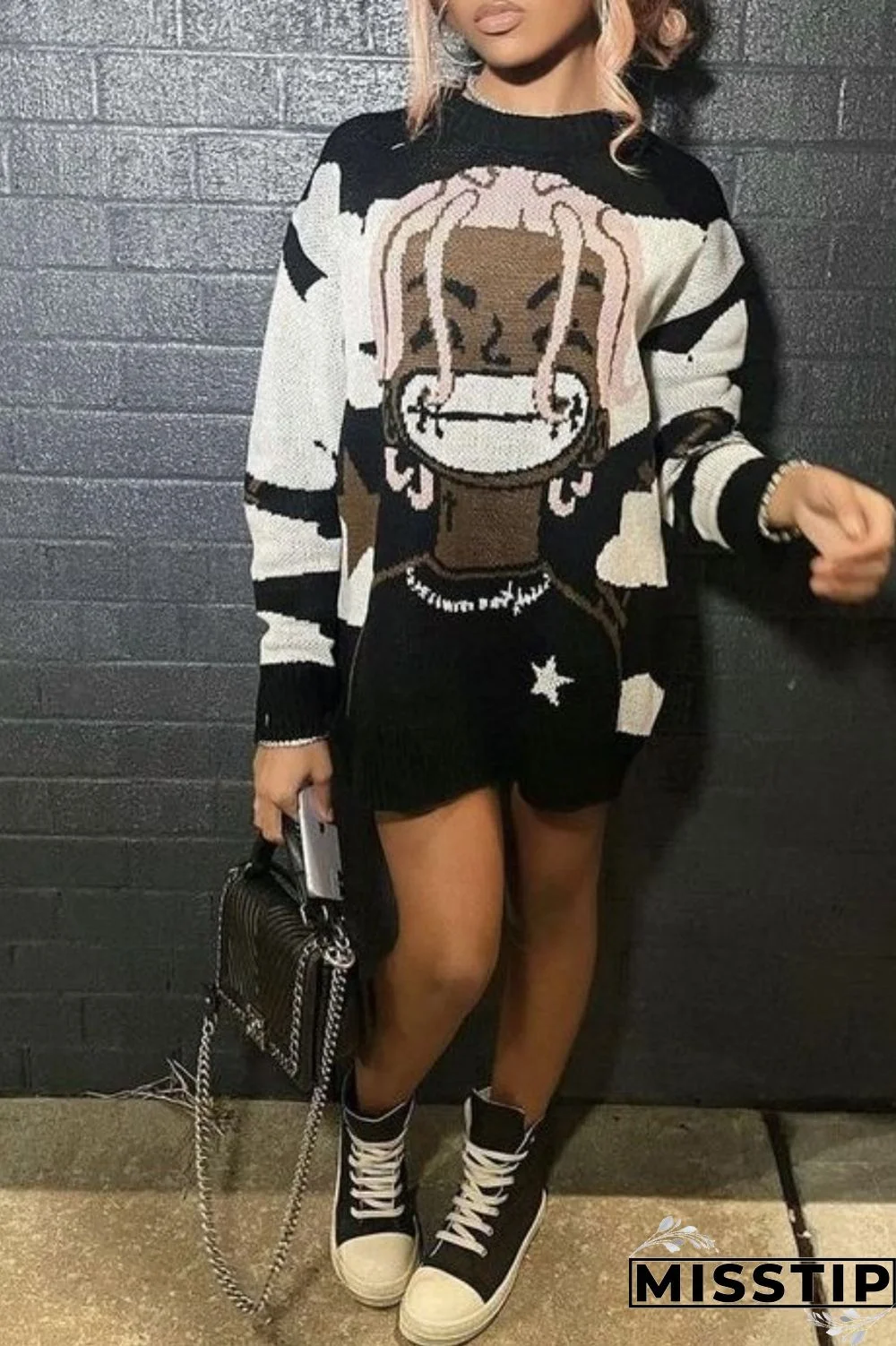 Black Purple Casual Patchwork O Neck Tops