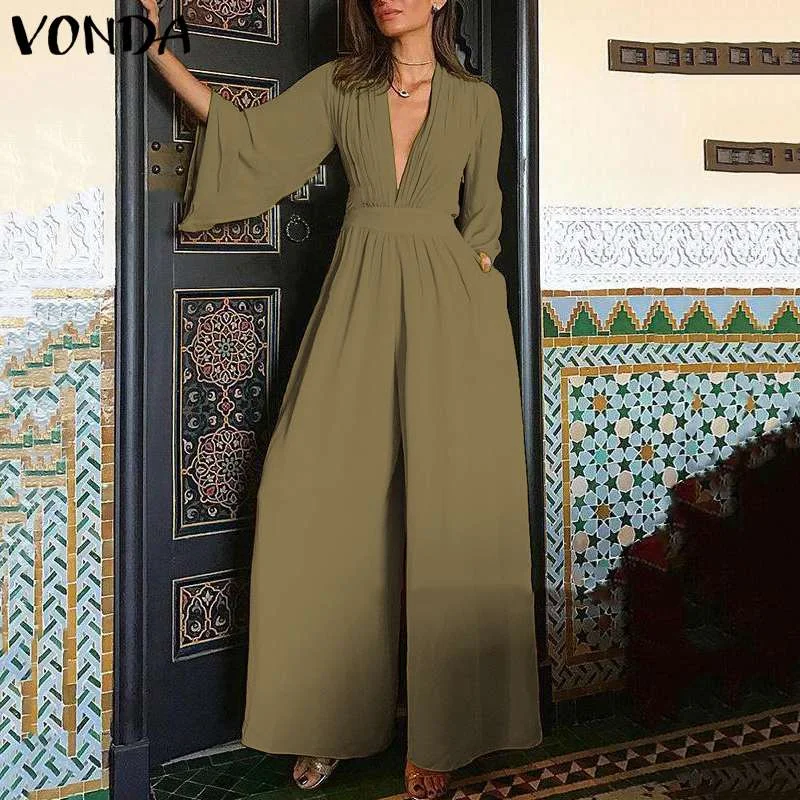 VONDA 2022 Women Long Jumpsuit Romper 3/4 Sleeve V Neck Casual Playsuit Overalls Ladies Wide Leg Loose Summer Playsuit Oversized