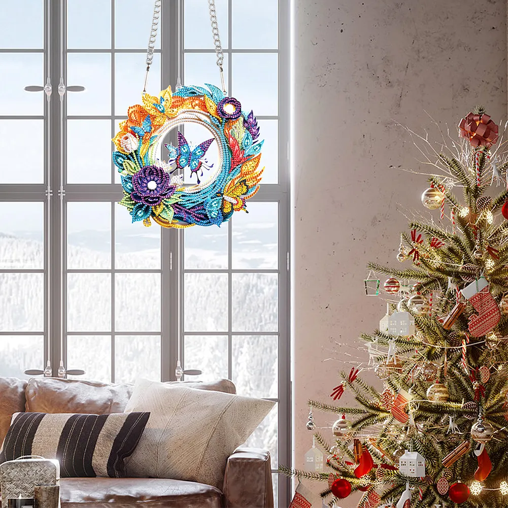 DIY Flower Butterfly Acrylic Special Shaped+Round Diamond Painting Wreath Ornament for Xmas Wall Decor