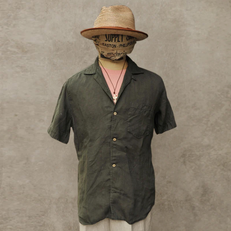 Men's Casual Dark Sage Short Sleeve Cannes Linen Shirt