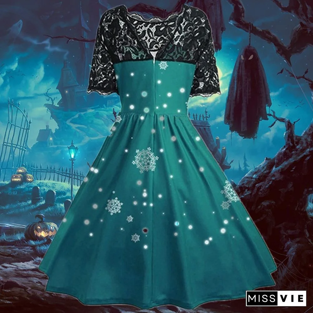 7 Colors Women Fashion Pumpkin Snowflake Print Dress Short Sleeve Lace Dress Christmas Halloween Costume Knee Length Party Dresses