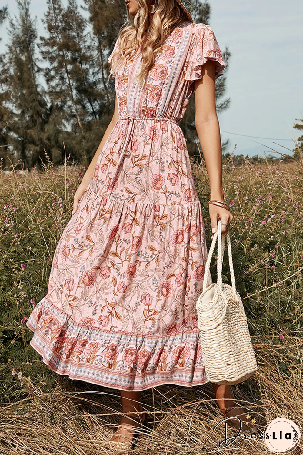 Casual Print Split Joint V Neck Cake Skirt Dresses