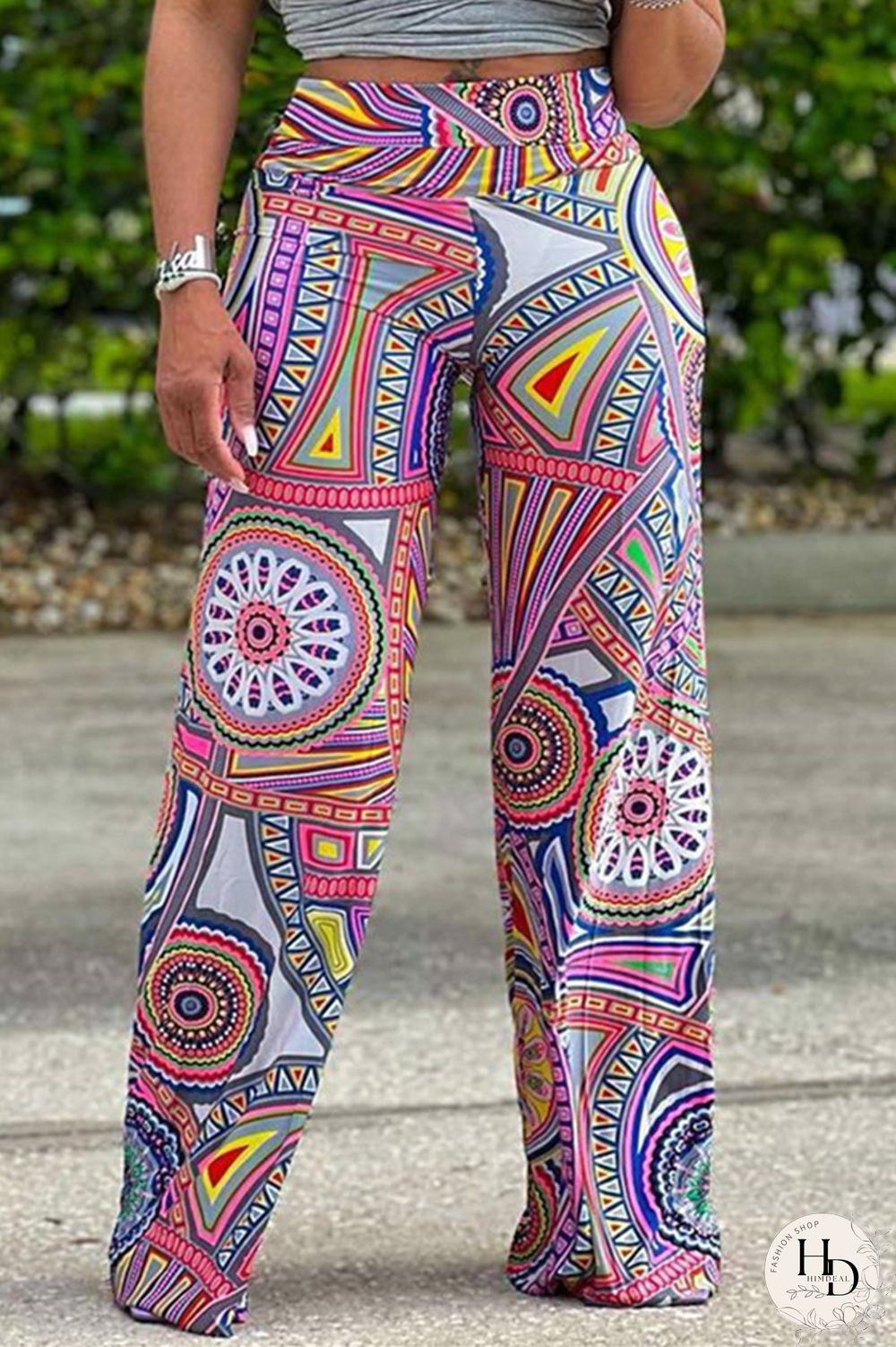 Blue Fashion Casual Print Basic Regular High Waist Trousers