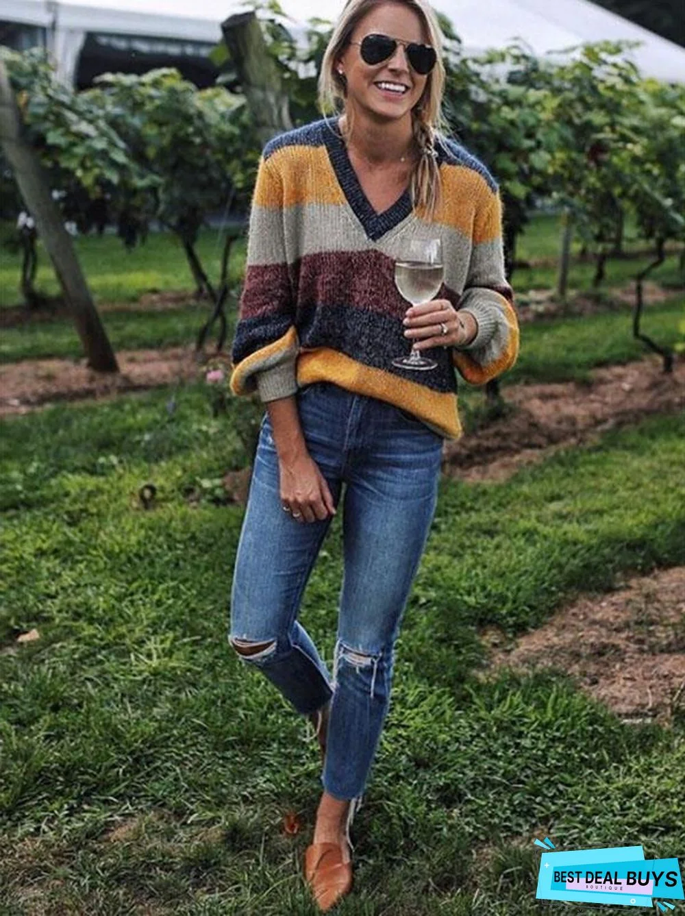 V-Neck Knitting Striped Loose Sweater Tops