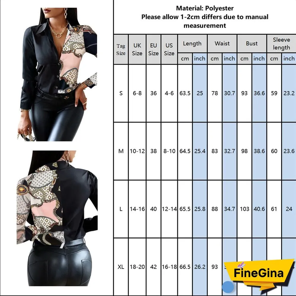 fashion printing ladies shirt neckline long-sleeved casual shirt blouse Explosion models Colorblock Buttoned Blouse D30