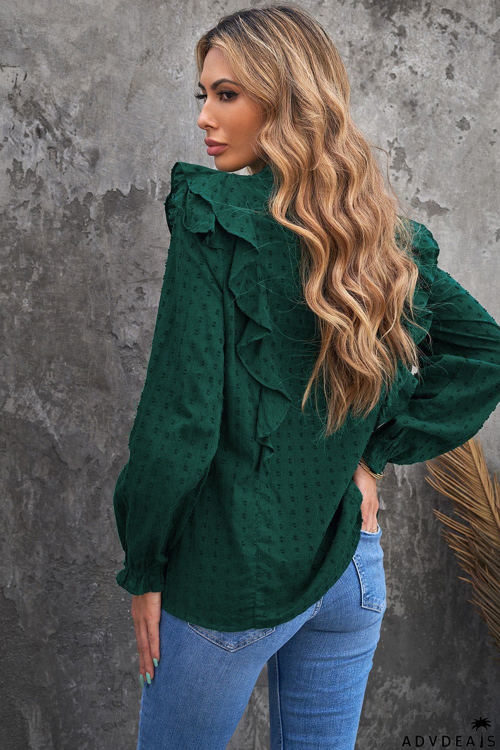 Dotted Texture Sheer Ruffles Bubble Sleeves Shirt