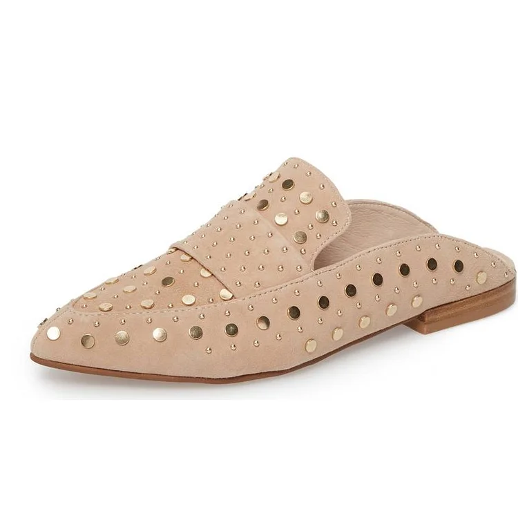 Beige Studs Flat Mule Loafers for Women |FSJ Shoes