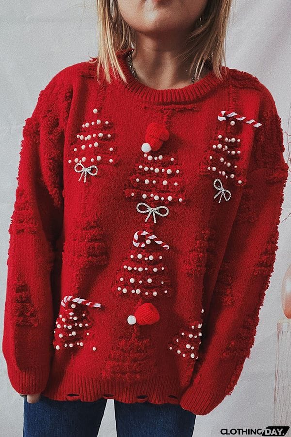 Christmas Pattern Knitted Crew Neck Long Sleeved Sweater