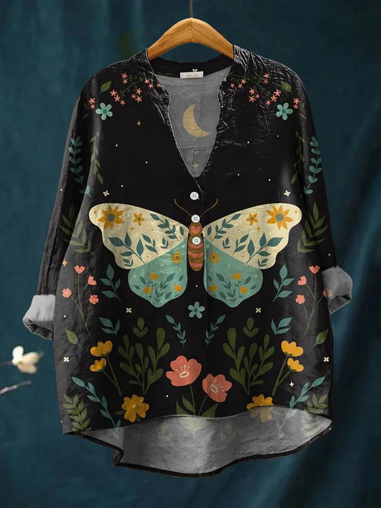 Women's Night Flowers Butterfly Painting Art Print Casual Cotton And Linen Ruffle Shirt