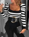 Striped Print Puff Sleeve Square Neck Top