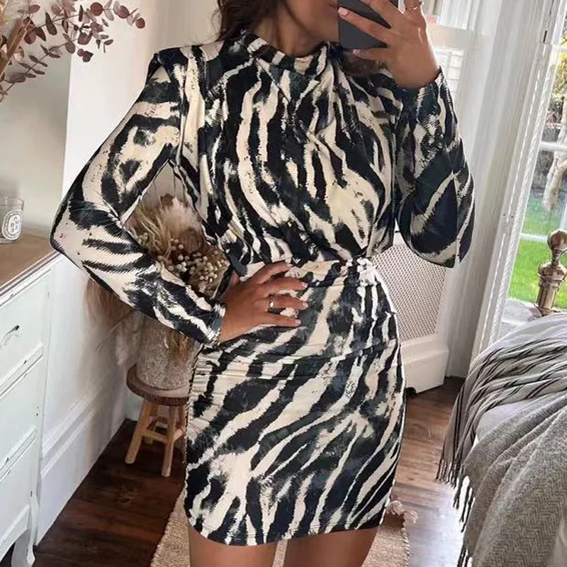 Fashion Zebra Print Long Sleeve Mini Dress New Women Round Neck Tight Hip Wrap Dresses Casual Office Slim Fit Club Dress Mujer