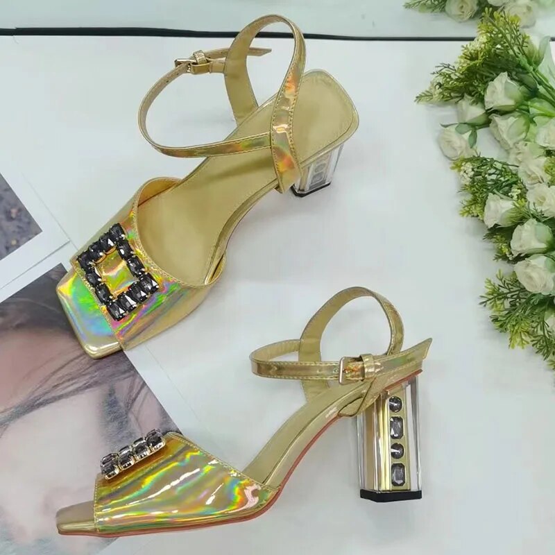 Gold Gladiator Sandals Woman Open Toe Rhinestone Diamond Strange High Heels Pumps Woman Wedding Shoes