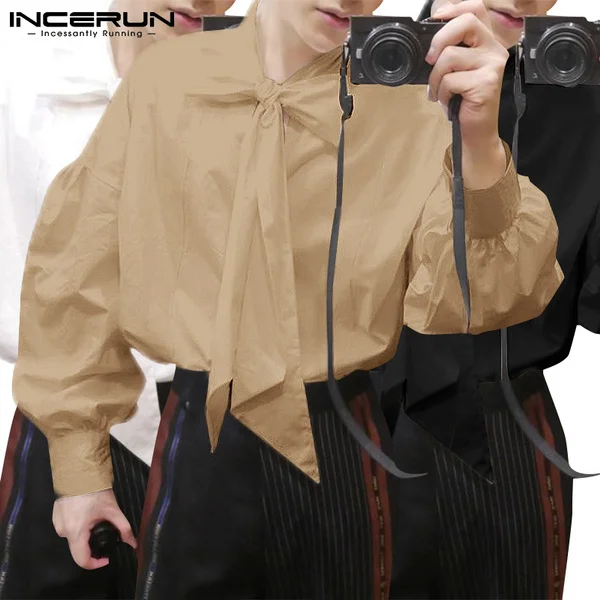 New Men Loose Long Sleeve Tie Blouse Dress Solid Color Clubwear Retro Shirts Tops