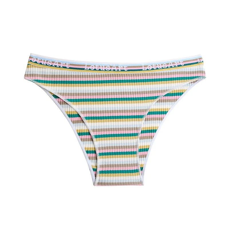 FINETOO Women Rainbow Panties Trendy Colorful Stripes Briefs Sexy Low Waist Underwear Women's Cotton Underpants Ladies Intimate