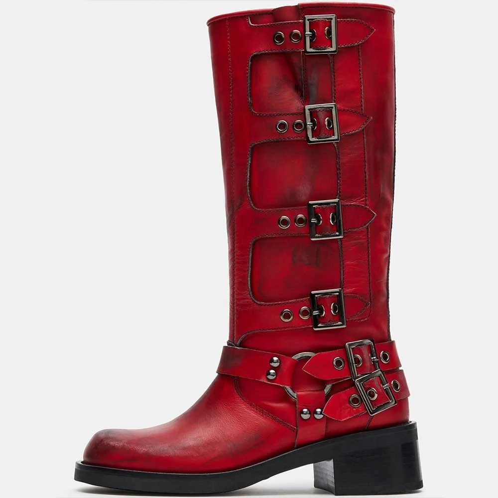 Maroon Distressed Round Toe Buckled Knee High Boots with Chunky Heels Nicepairs