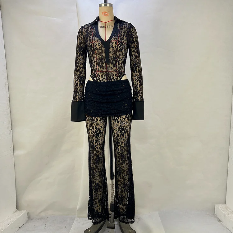 Lace Patchwork Jumpsuit & Flared Pants Set