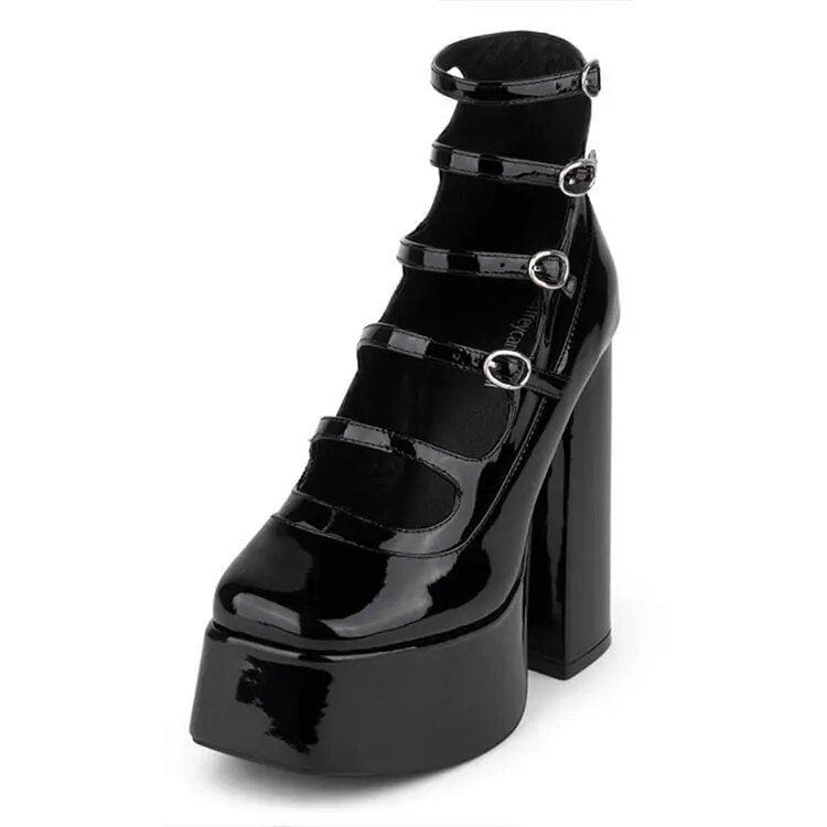 TAAFO Black Square Toe Platform Chunky Heels Women's Office Strappy Pumps 